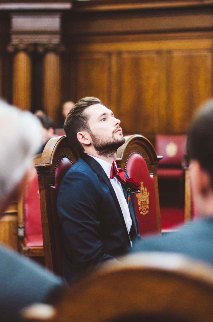 Islington Town Hall nervous groom waiting in Council Chamber
