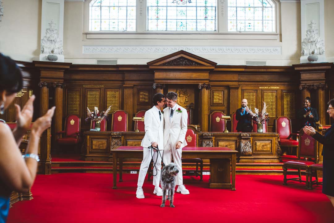 Islington Town Hall wedding gay couple with dog Council Chamber