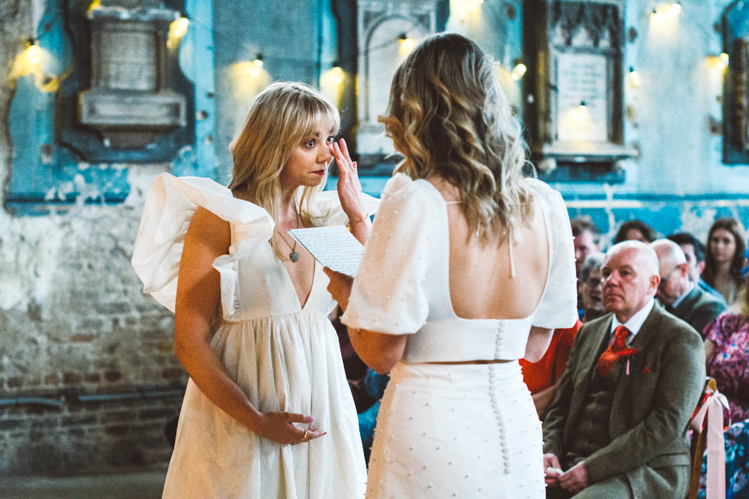 Asylum Chapel lesbian wedding bride tearing up
