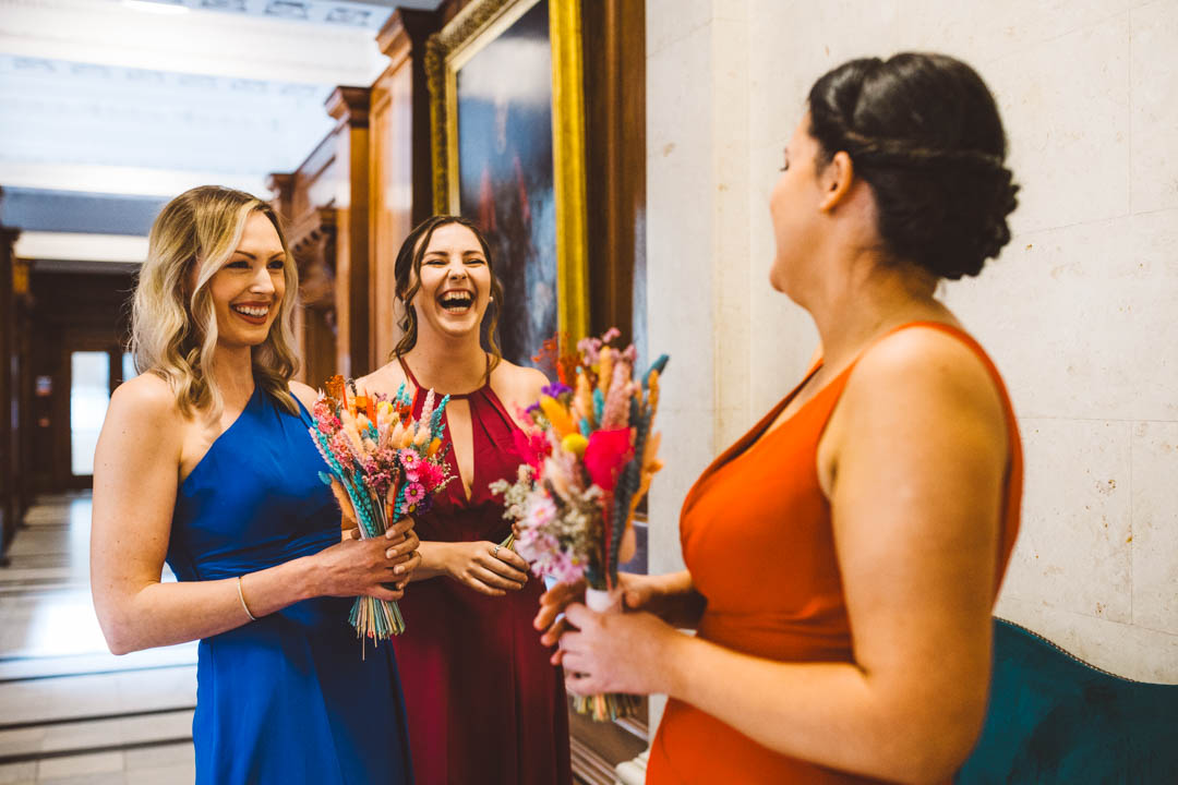 Old Marylebone Town Hall wedding bridesmaid laughing