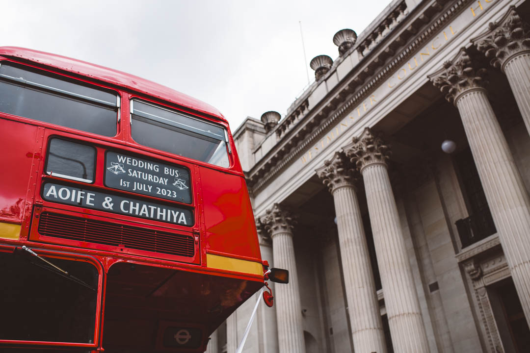 wedding bus in front of town hall