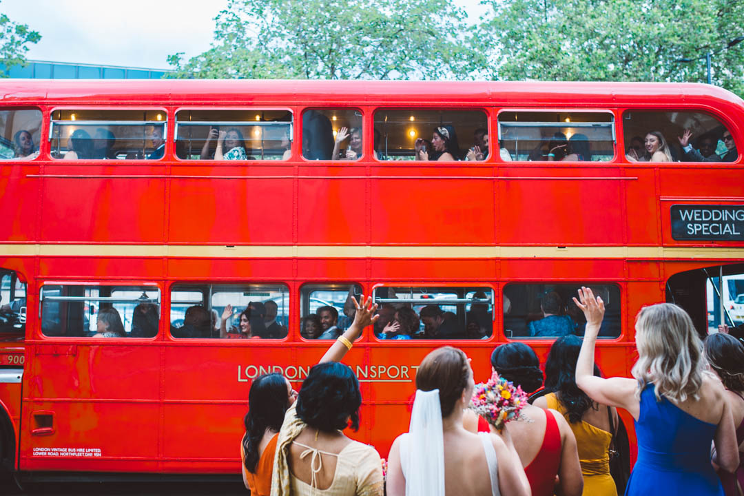 guests on wedding bus