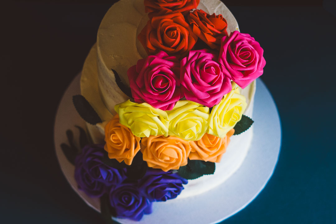 wedding cake with colourful roses