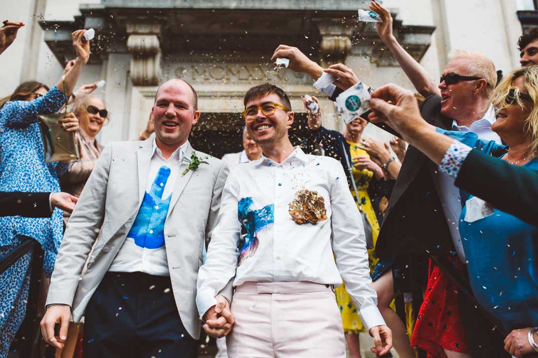 gay wedding Islington Town Hall confetti