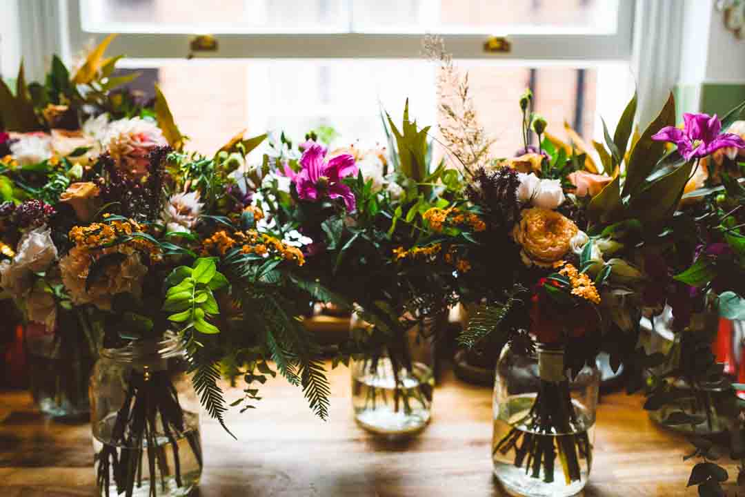 bridesmaids flowers in the kitchen