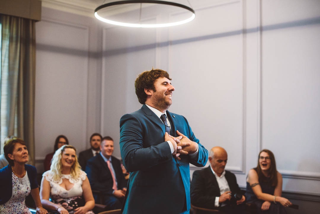 Intimate Wedding London Old Marylebone Town Hall nervous groom