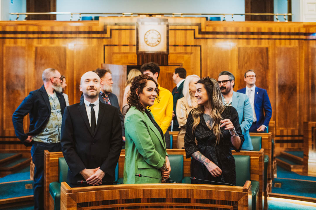 Hackney Town Hall wedding council chamber guests up standing