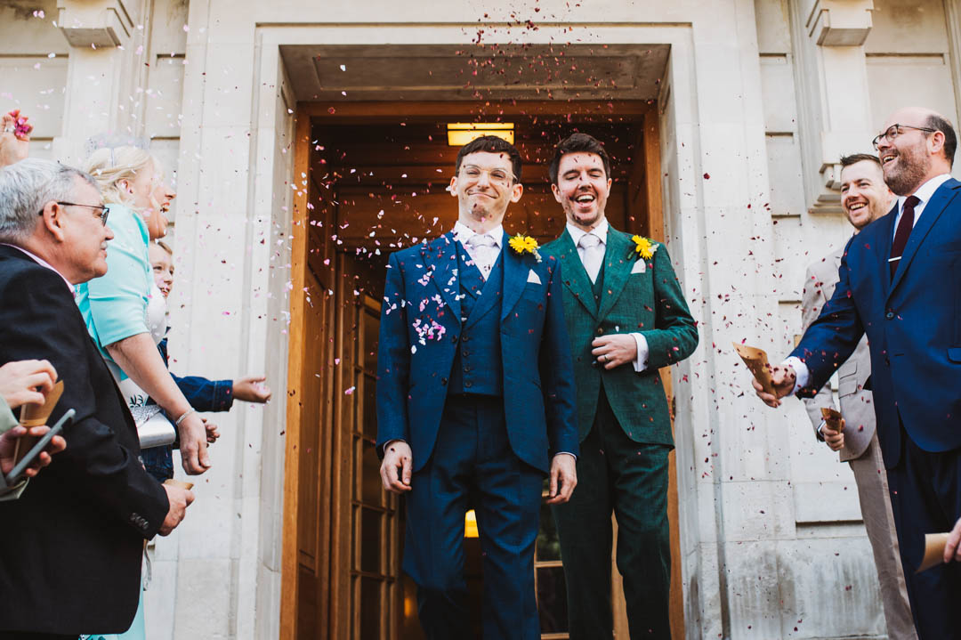 Hackney Town Hall gay wedding confetti shot