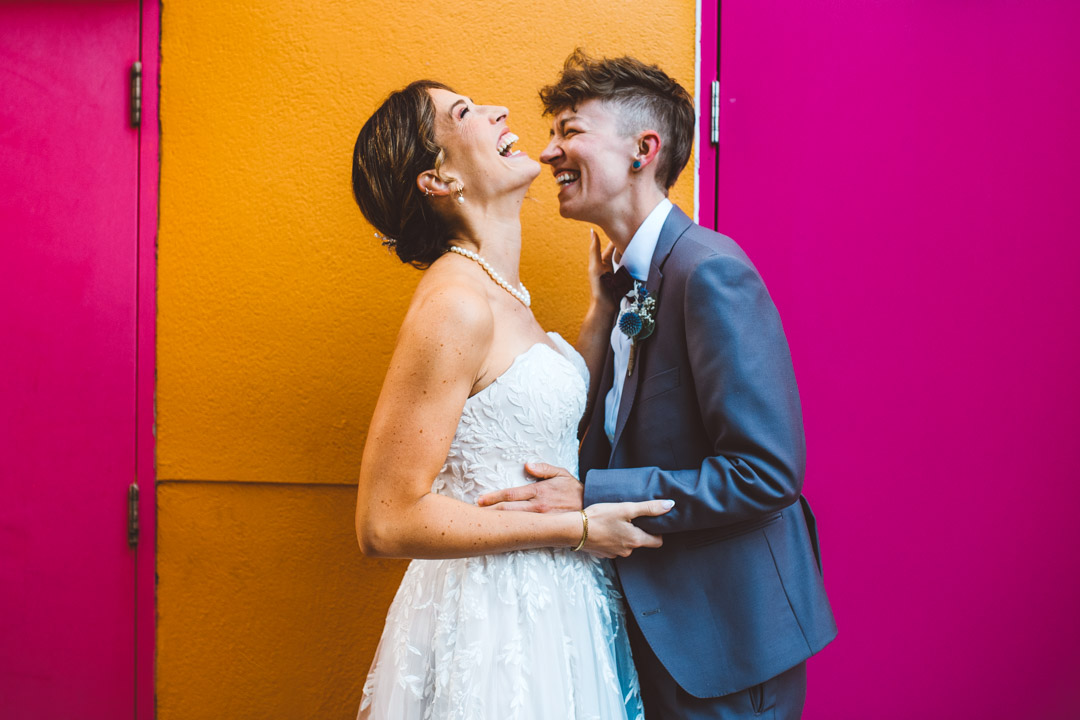 Swan at the Globe wedding lesbian couple portrait