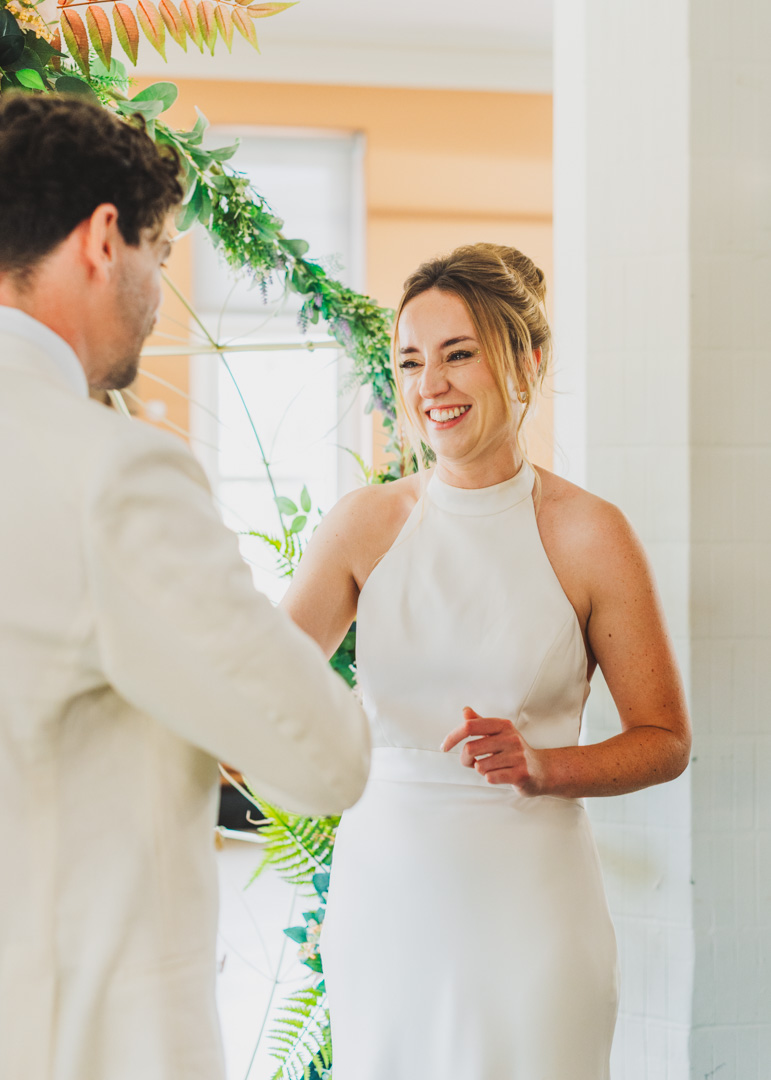 Waltham Forest Town Hall wedding bride smiling at groom