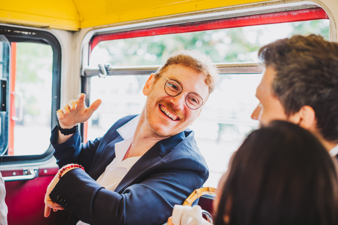 guest on wedding bus