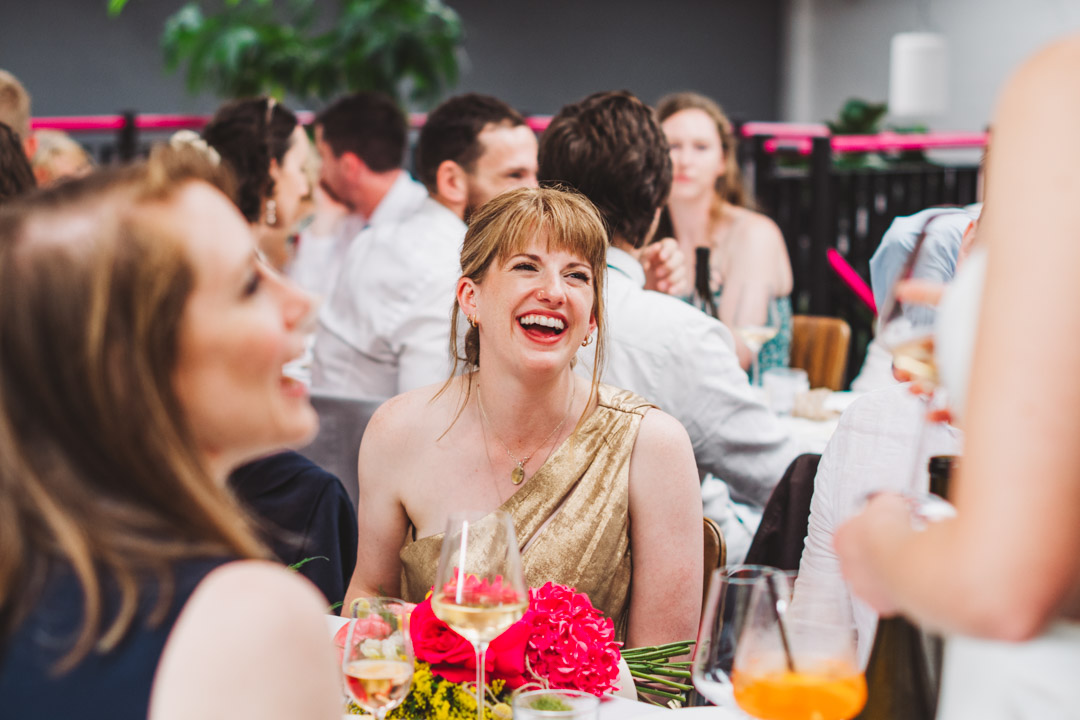 Renegade Urban Winery wedding guest smiling