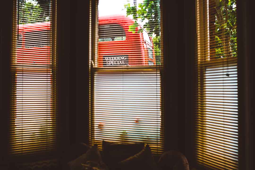 wedding bus outside bride's home