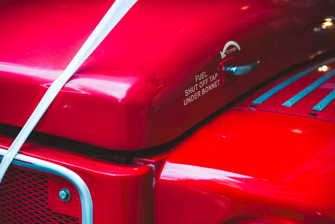 red vintage wedding bus detail