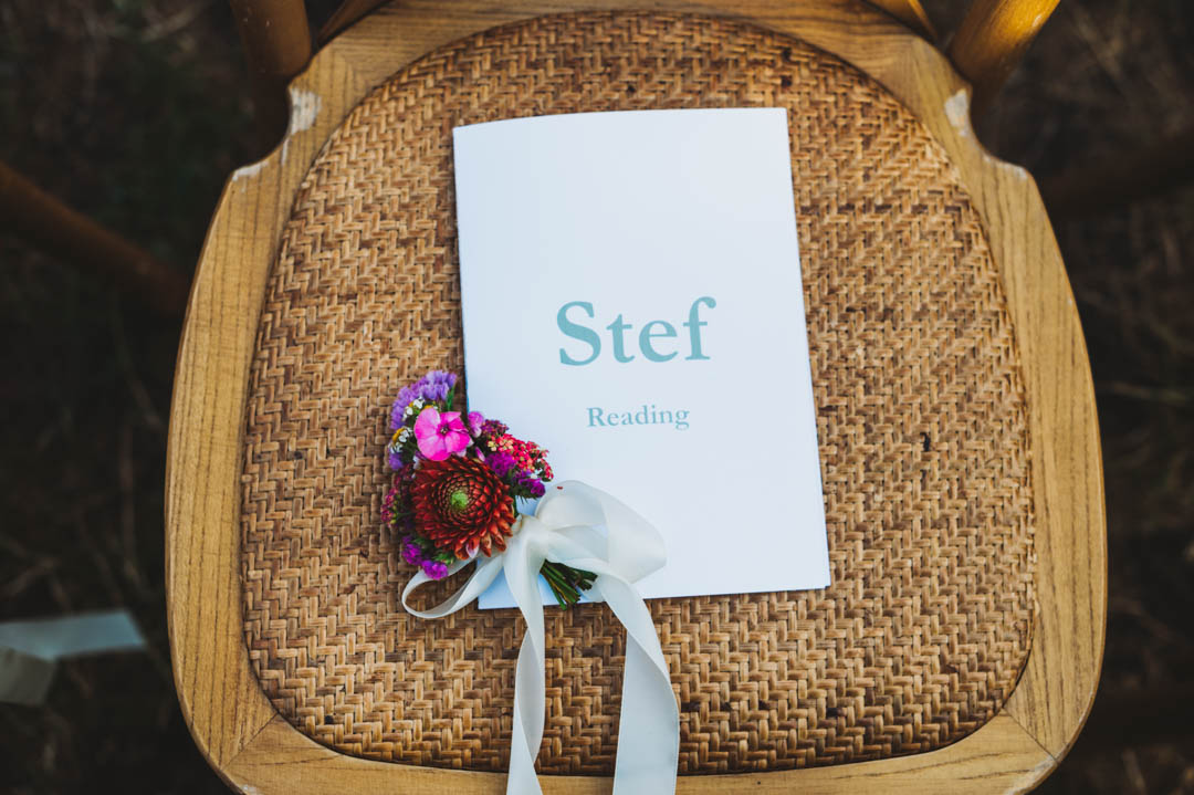 Woodberry Wetlands wedding close-up flowers on chair
