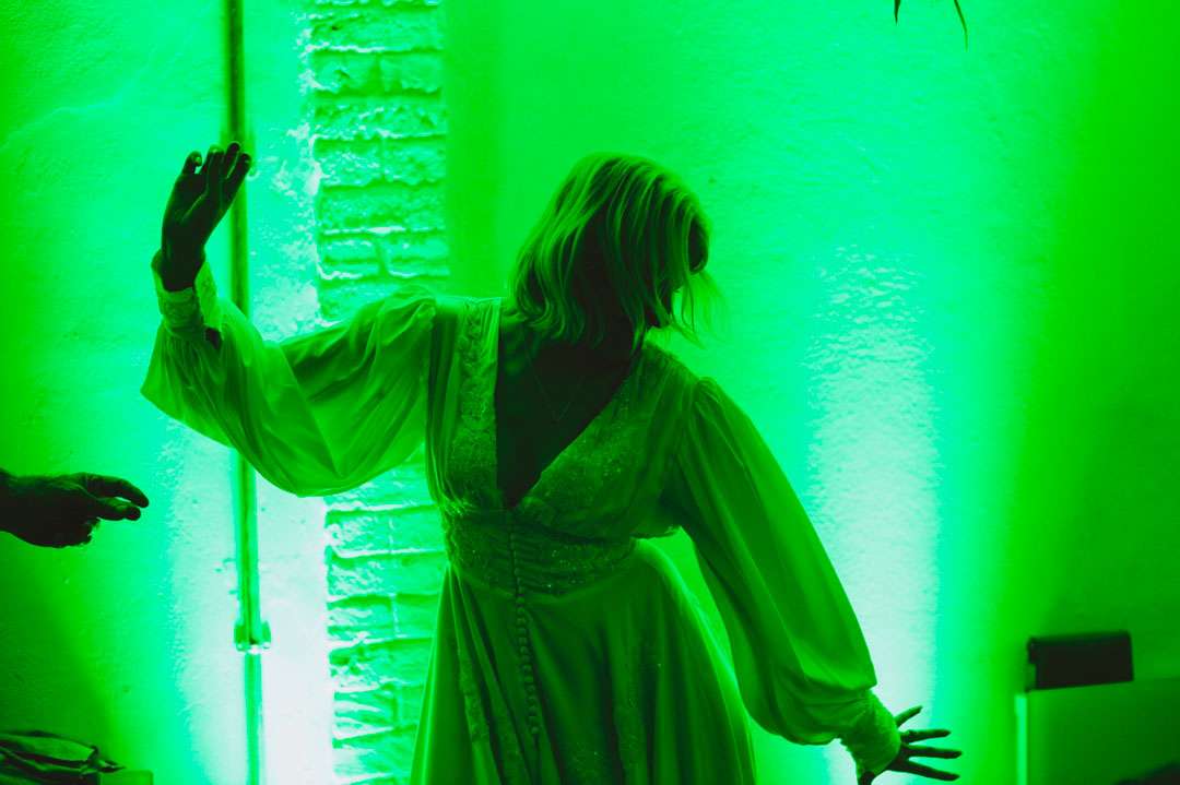 Woodberry Wetlands wedding bride's silhouette on dancefloor